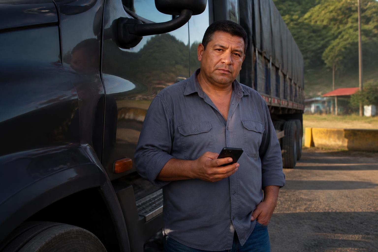 Conductor de tractocamión revisando la información de su operación